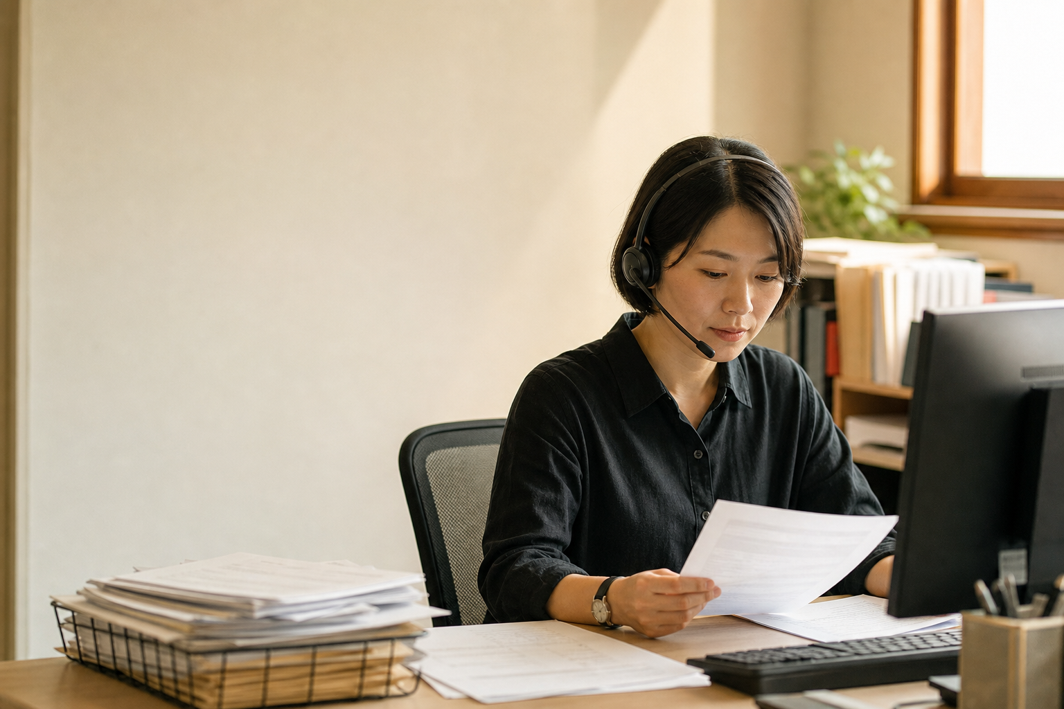 ヘッドセットで問い合わせ内容を確認する人物のイメージ